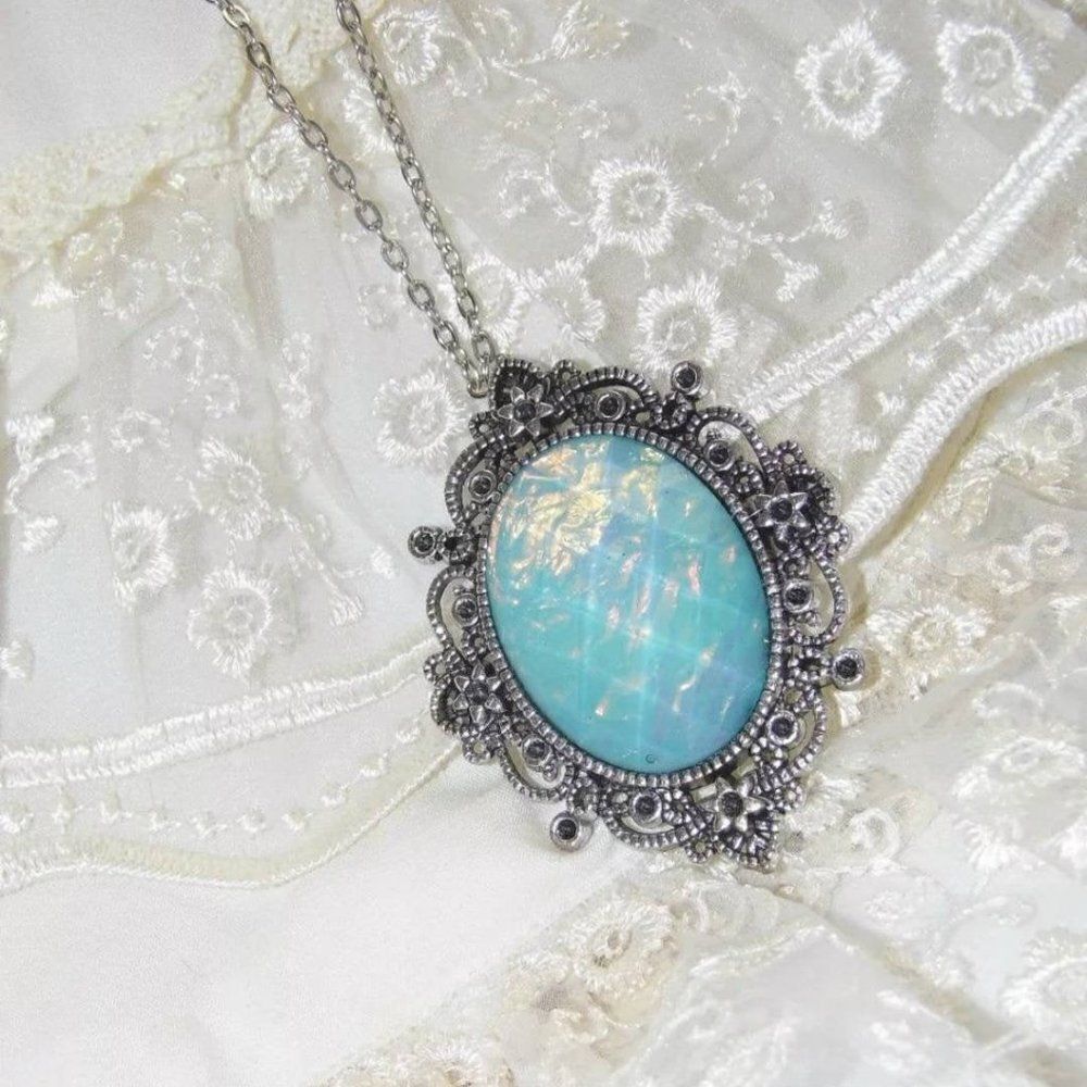 Victorian Rainbow Blue Moonstone FIre Opal Necklace Cameo